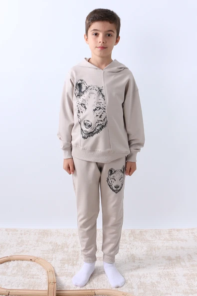 ERKEK ÇOCUK KAPŞONLU EŞOFMAN TAKIMI KURT BASKILI F10 - Resim 11