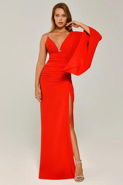 Alfa Beta Tek Kol V Yaka Yırtmaçlı Uzun Abiye Elbise - 5