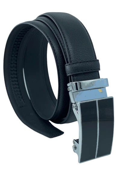 Siyah Suni Deri Otomatik Mekanizma Tokalı Deliksiz 3.5 cm.lik Klasik Kemer - Resim 3