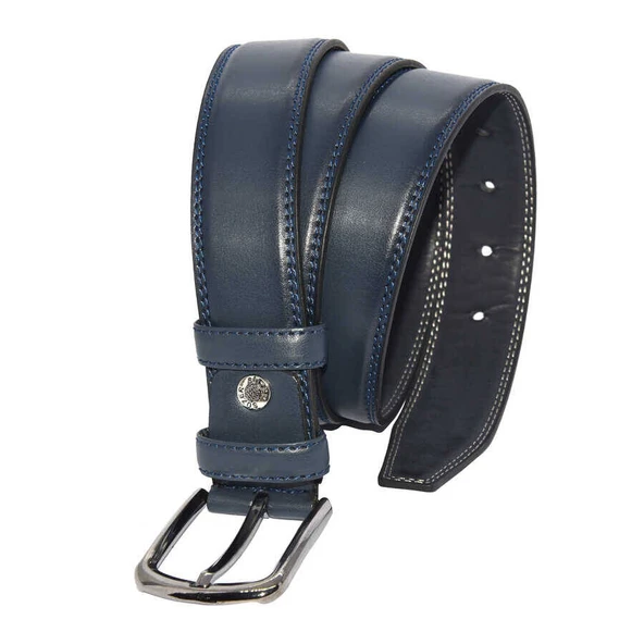Lacivert Suni Deri Çift Dikişli 3.5 cm.lik Klasik Erkek Kemer - Resim 2