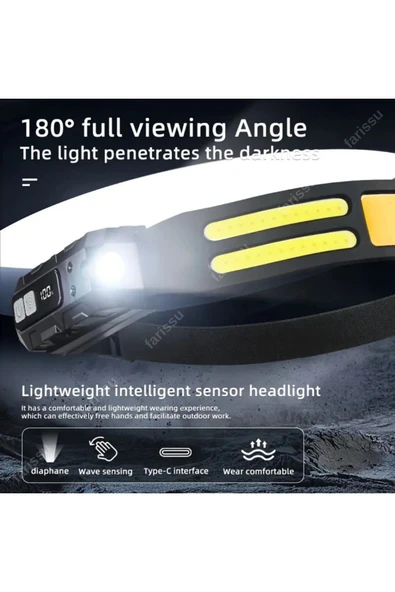 Ultra-Parlak LED + COB Şarj Edilebilir Kafa Feneri – Hareket Sensörlü, Ayarlanabilir Işın, Hafif - 5