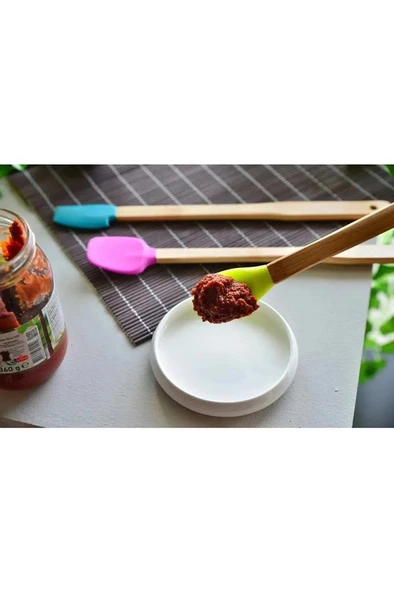 3 lü Bambu Spatula Seti 21 cm Silikon Uçlu Isıya Dayanaklı Çizmez Renkli Kaşık Fırça Spatula Set - 6