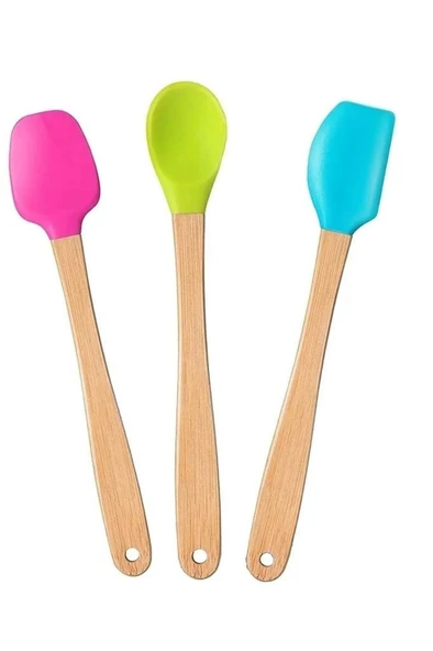 3 lü Bambu Spatula Seti 21 cm Silikon Uçlu Isıya Dayanaklı Çizmez Renkli Kaşık Fırça Spatula Set