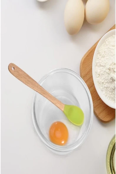 3 lü Bambu Spatula Seti 21 cm Silikon Uçlu Isıya Dayanaklı Çizmez Renkli Kaşık Fırça Spatula Set - 4