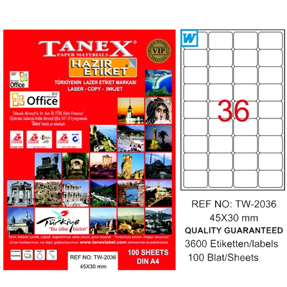 Tanex Laser Etiket 100 YP 45x30 Laser-Copy-Inkjet TW-2036