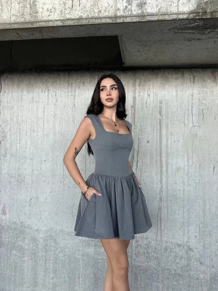Kolsuz Mini Elbise- Gri - Resim 5