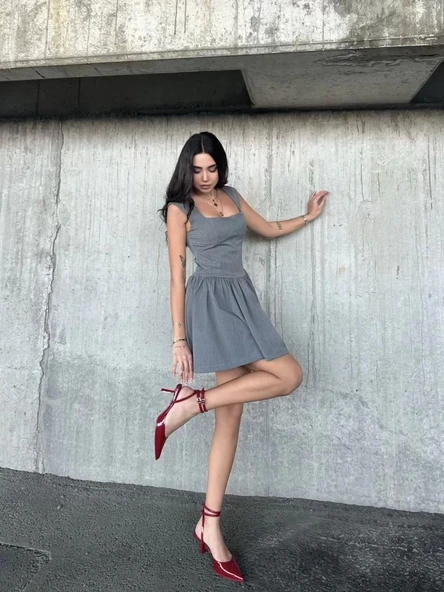 Kolsuz Mini Elbise- Gri - Resim 2