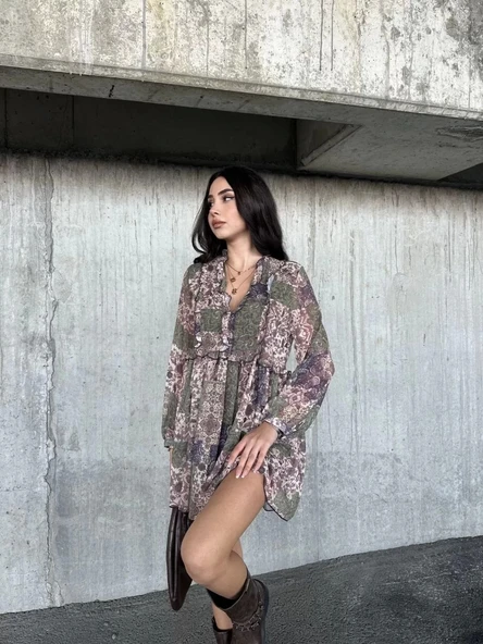 içi astarlı Şifon Elbise - Desenli - Resim 4