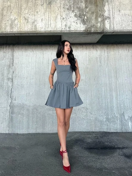 Kolsuz Mini Elbise- Gri - Resim 7