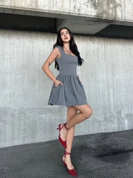 Kolsuz Mini Elbise- Gri - Resim 6