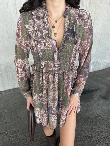 içi astarlı Şifon Elbise - Desenli - Resim 2