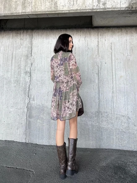 içi astarlı Şifon Elbise - Desenli - Resim 5