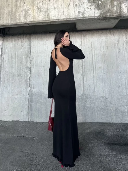 Acık Sırt Detaylı Maxi Uzun Boy Elbise- Siyah - 8