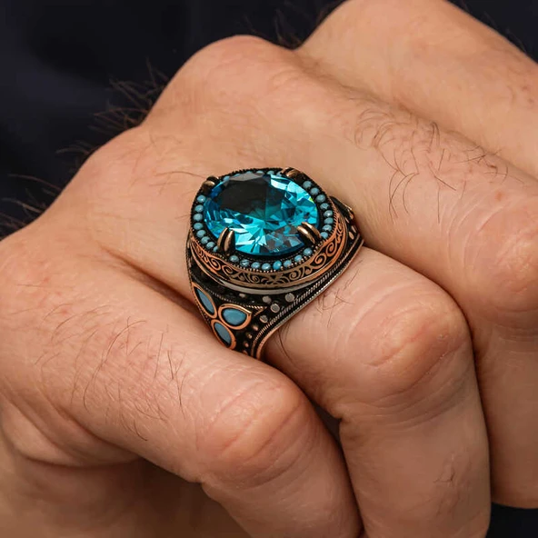 Gümüş Aquamarine Taşlı Erkek Yüzük - 4