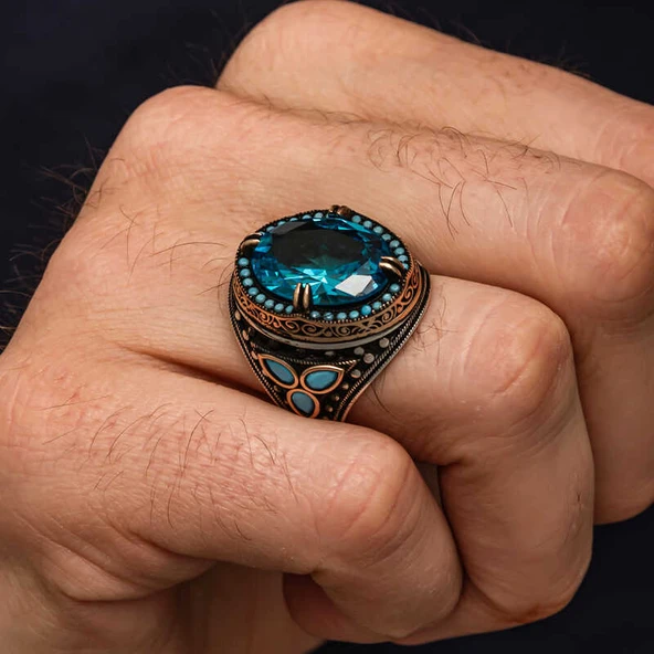 Gümüş Aquamarine Taşlı Erkek Yüzük - 2