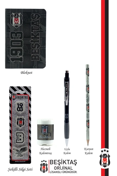 Beşiktaş Orijinal Lisanslı Kalem Bileklik Kalemtraş Bloknot Silgi Hediyelik Set - 2