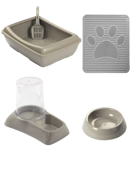 Ekonomik 4'lü Kedi Seti (Tuvalet + Suluk + Mama Kabı + Paspas)