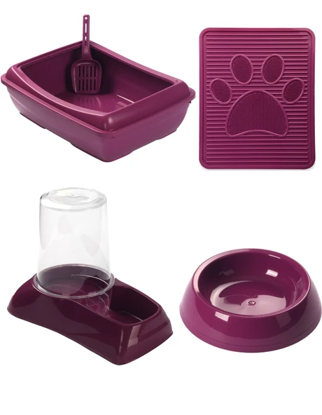 Ekonomik 4'lü Kedi Seti (Tuvalet + Suluk + Mama Kabı + Paspas) - 4