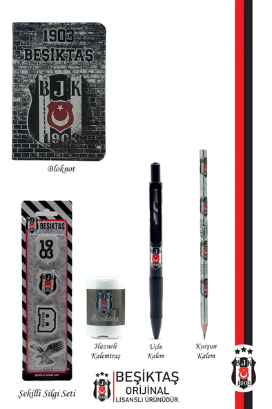 Beşiktaş Orijinal Lisanslı Kalem Bileklik Kalemtraş Bloknot Silgi Hediyelik Set - 2