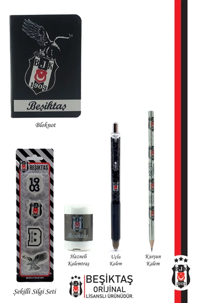Beşiktaş Orijinal Lisanslı Kalem Bileklik Kalemtraş Bloknot Silgi Hediyelik Set - 2