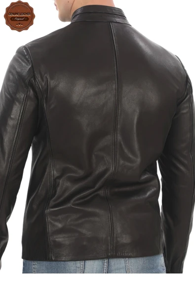 Erkek Hakiki Kuzu Derisi Ceket Slim Fit Siyah Fermuarlı Deri Mont Tarz Şık ve Modern Tasarım - 5