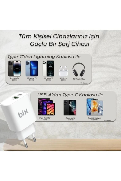 Bix Çift Portlu Typ-c 20wpd + Usb-a 18w Qc Girişli Hızlı Şarj Adaptörü - 6