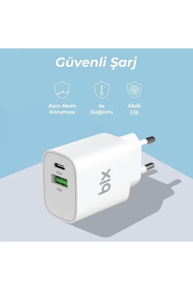 Bix Çift Portlu Typ-c 20wpd + Usb-a 18w Qc Girişli Hızlı Şarj Adaptörü - 5