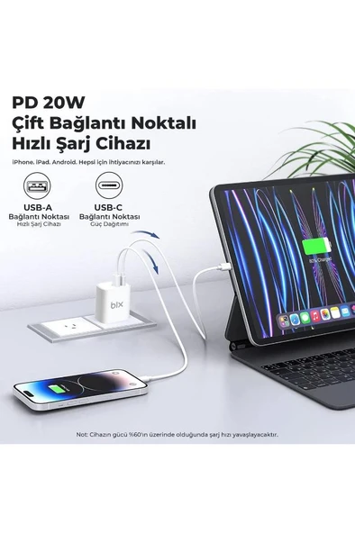 Bix Çift Portlu Typ-c 20wpd + Usb-a 18w Qc Girişli Hızlı Şarj Adaptörü - 3