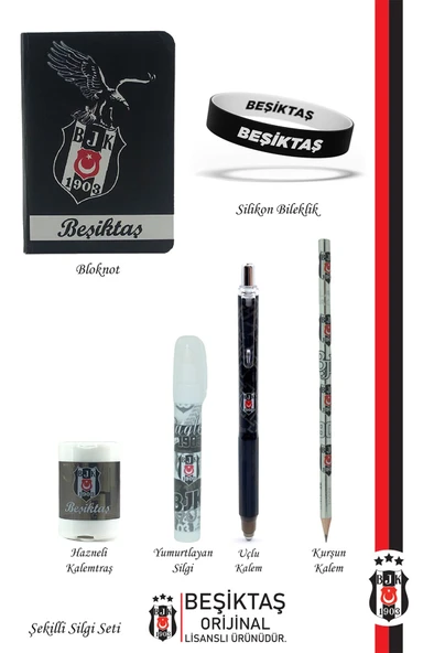 Beşiktaş Orijinal Lisanslı Kalem Bileklik Bloknot Kalemtraş Silgi Hediyelik Set - 2