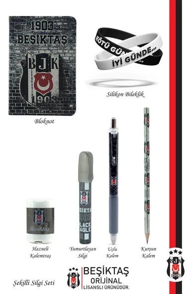Beşiktaş Orijinal Lisanslı Kalem Bileklik Bloknot Kalemtraş Silgi Hediyelik Set - 2