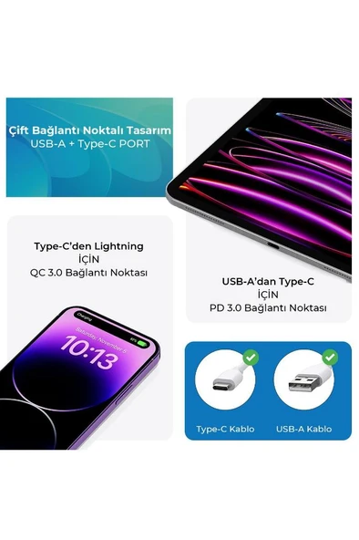 Bix Çift Portlu Typ-c 20wpd + Usb-a 18w Qc Girişli Hızlı Şarj Adaptörü - 4