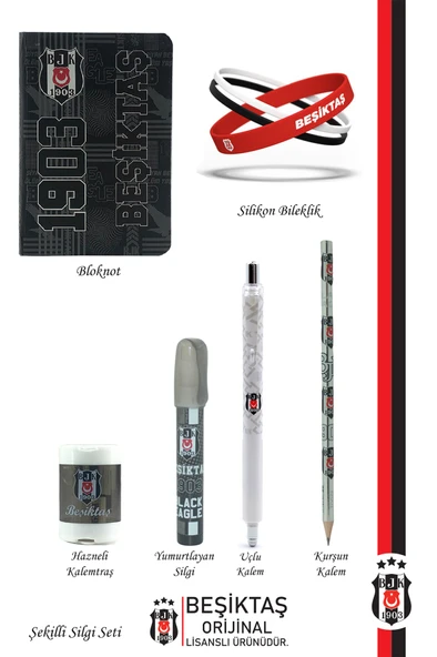 Beşiktaş Orijinal Lisanslı Kalem Bileklik Bloknot Kalemtraş Silgi Hediyelik Set - 2