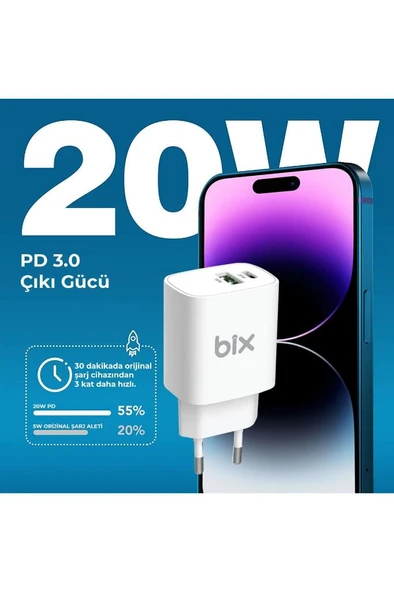 Bix Çift Portlu Typ-c 20wpd + Usb-a 18w Qc Girişli Hızlı Şarj Adaptörü - 2