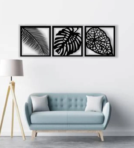 Dekoratif Ev 3'lü Yaprak Set Duvar Dekoru MDF Tablo