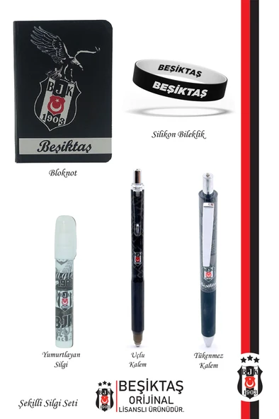 Beşiktaş Orijinal Lisanslı Premium Kalem Bileklik Bloknot Silgi Hediyelik Set - 2