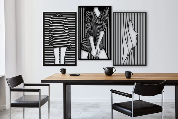 Dekoratif Ev Kadın Cizgi Yüz Duvar Dekoru 3Lü Set MDF Tablo - 3