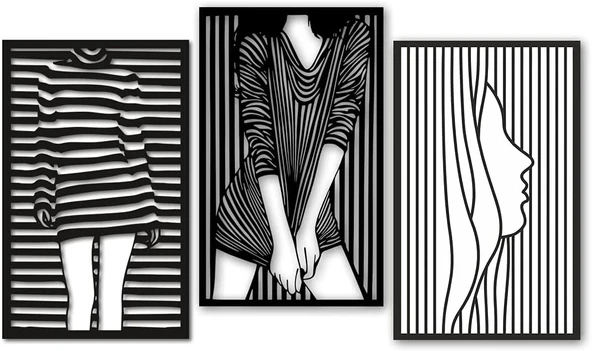 Dekoratif Ev Kadın Cizgi Yüz Duvar Dekoru 3Lü Set MDF Tablo