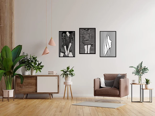 Dekoratif Ev Kadın Cizgi Yüz Duvar Dekoru 3Lü Set MDF Tablo - 2