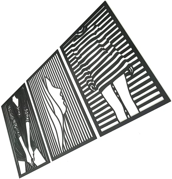 Dekoratif Ev Kadın Cizgi Yüz Duvar Dekoru 3Lü Set MDF Tablo - 4