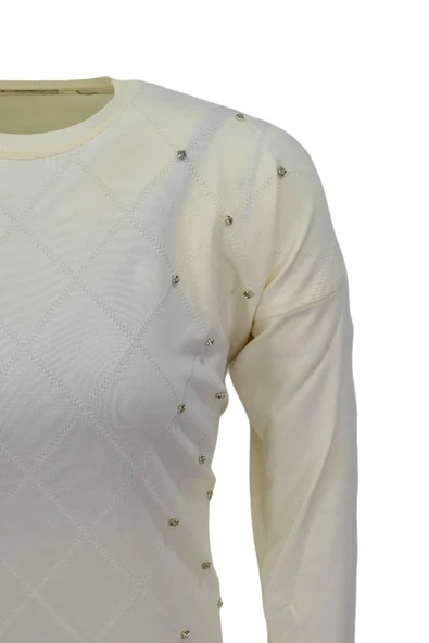 Kadın Taşlı Baklava Desen Oversize Kazak BGL-ST04084 - Resim 4