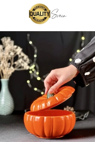 Özel Tasarım Kapaklı Seramik Turuncu Bal Kabağı Dekoratif Şekerlik Biber Saklama Kabı Kavanoz - 2