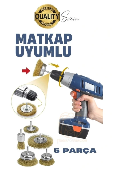 Dayanıklı Çanak Saçaklı Tel Fırça Seti 5 Parça Sarı Telli Dairesel Matkap Uyumlu Pas Kir Temizleyici - 3