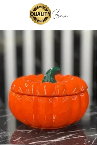 Özel Tasarım Kapaklı Seramik Turuncu Bal Kabağı Dekoratif Şekerlik Biber Saklama Kabı Kavanoz - 4