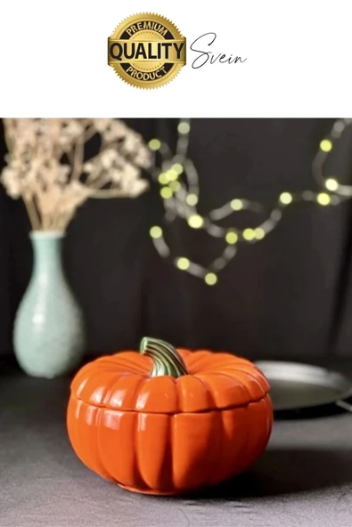 Özel Tasarım Kapaklı Seramik Turuncu Bal Kabağı Dekoratif Şekerlik Biber Saklama Kabı Kavanoz - 3