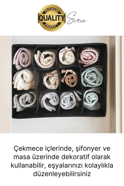12 Bölmeli Dolap Çekmece İçi Düzenleyici Siyah Organizer Çorap Kravat Hobi Kutusu Kozmetik Aksesuar - 3