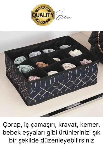 12 Bölmeli Dolap Çekmece İçi Düzenleyici Siyah Organizer Çorap Kravat Hobi Kutusu Kozmetik Aksesuar - 2