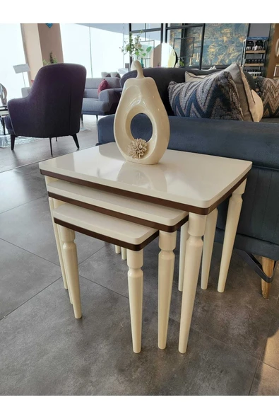 Akset 3Lü Lüx Zigon Sehpa Krem Ceviz