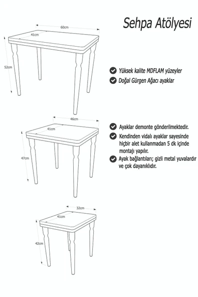 Akset 3Lü Lüx Zigon Sehpa Krem Ceviz - 4