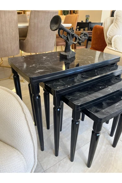 Akset 4Lü Lüx Zigon Sehpa Siyah Mermer Full Siyah - Resim 2