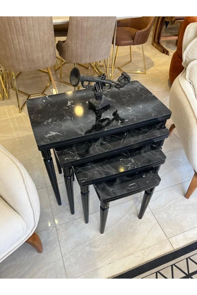 Akset 4Lü Lüx Zigon Sehpa Siyah Mermer Full Siyah - Resim 4